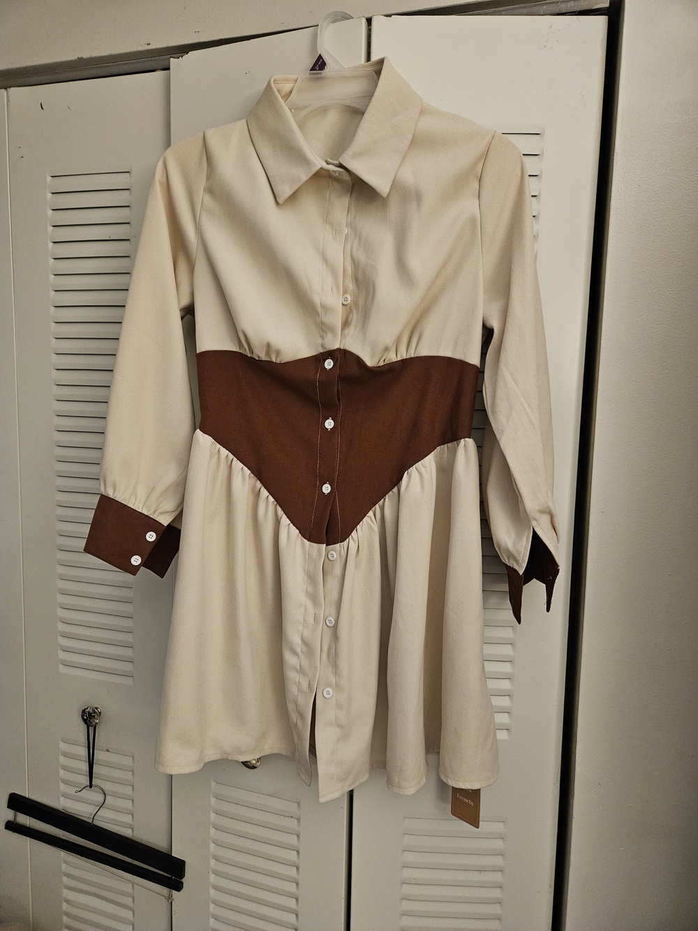 SHEIN Cream Button-Front Peplum Top with Brown Waist Panel